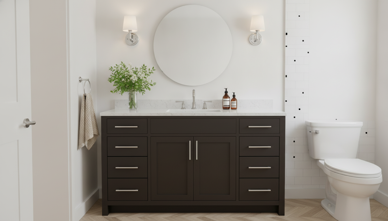 43-Inch Espresso Vanity: Pure White Quartz & Storage