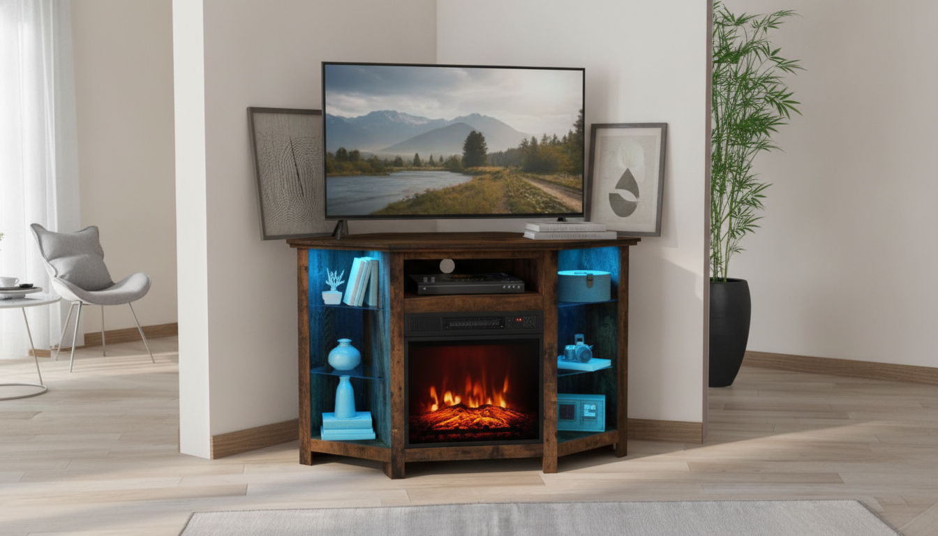 Corner Electric Fireplace TV Stand w/ LEDs (Up to 50")
