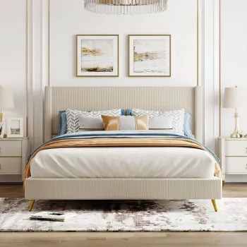 Corduroy Queen Platform Bed: Modern Style, Metal Legs